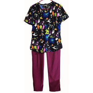 Disney The Nightmare Before Christmas Scrub Print Top & Burgundy Pants Scrubstar